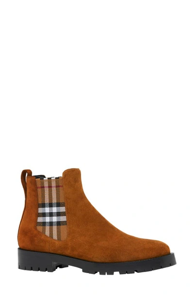 Shop Burberry Allostock Check Chelsea Boot In Chocolate
