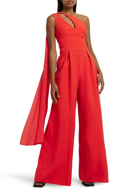 River Island Drape One-shoulder Wide Leg Jumpsuit In Red | ModeSens