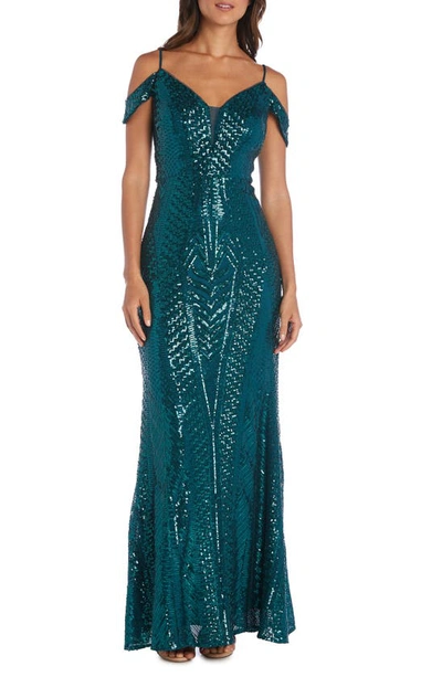 Shop Nightway Sequin Off The Shoulder Gown In Emerald