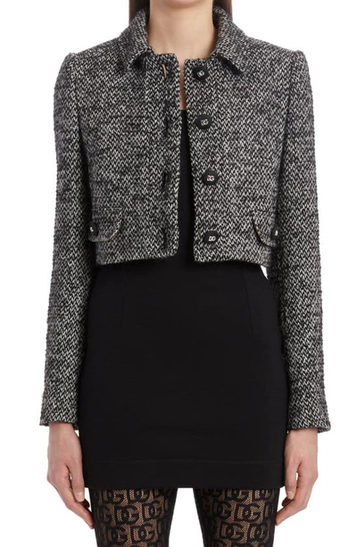 Shop Dolce & Gabbana Wool Blend Tweed Crop Jacket In Fantasia Non Stampa