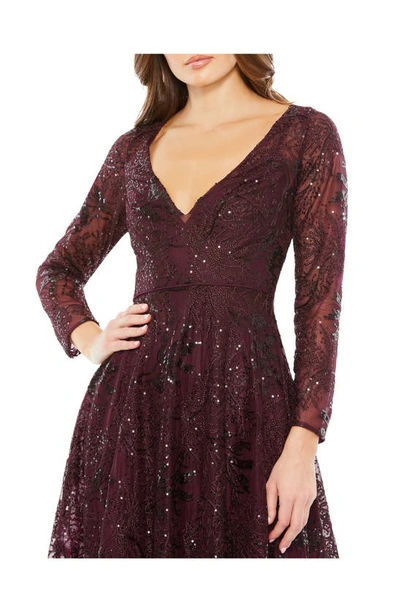 Shop Mac Duggal Embellished Lace Long Sleeve Cocktail Dress In Wine