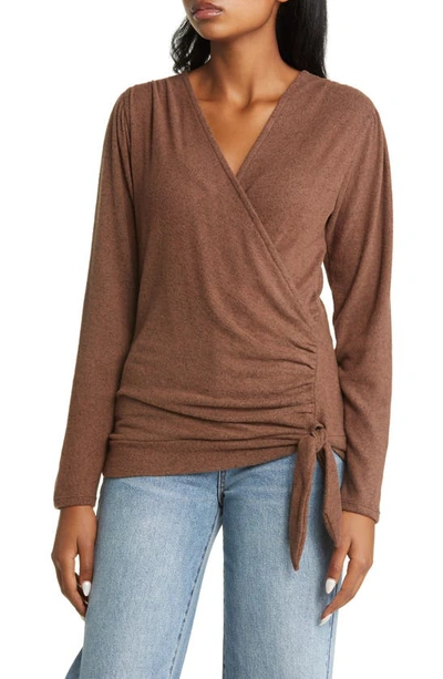 Shop Loveappella Long Sleeve Faux Wrap Top In Chocolate