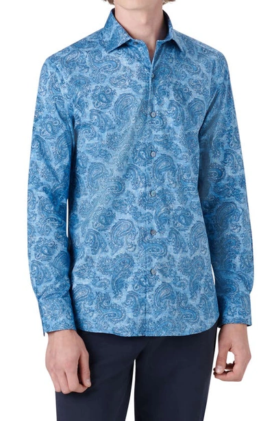 Shop Bugatchi Shaped Fit Paisley Stretch Button-up Shirt In Classic Blue