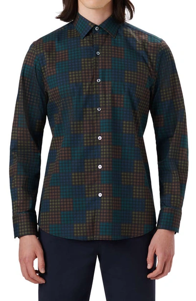 Shop Bugatchi Shaped Fit Check Stretch Button-up Shirt In Forest