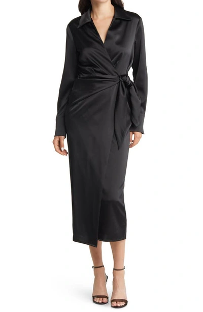 Shop Charles Henry Long Sleeve Satin Midi Wrap Dress In Black