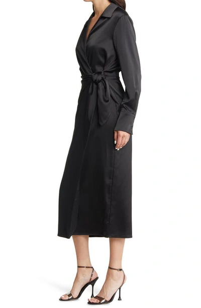 Shop Charles Henry Long Sleeve Satin Midi Wrap Dress In Black