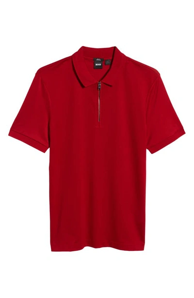 Shop Hugo Boss Polston Slim Fit Cotton Zip Polo In Dark Red