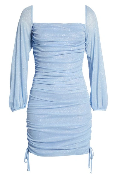 Shop Jump Apparel Ruched Glitter Long Sleeve Minidress In Light Blue