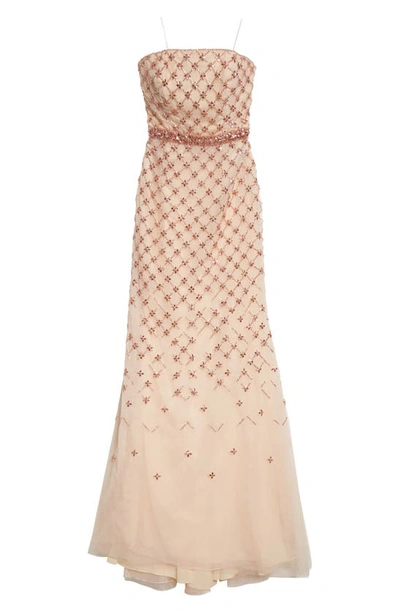 Carolina Herrera Crystal Lattice Strapless Tulle Gown In Champagne Multi