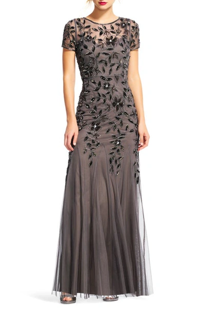Shop Adrianna Papell Floral Embroidered Beaded Trumpet Gown In Lead
