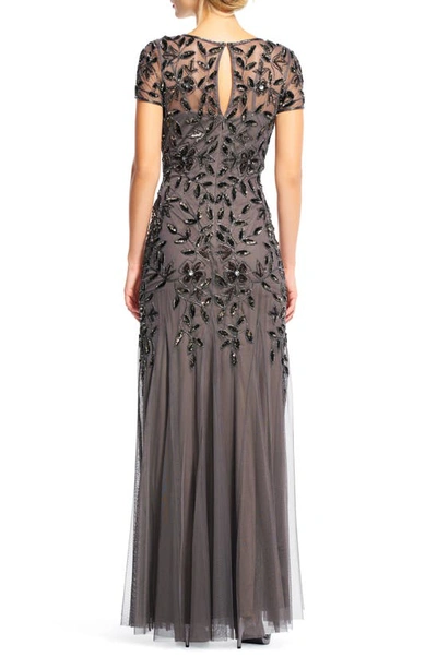 Shop Adrianna Papell Floral Embroidered Beaded Trumpet Gown In Lead