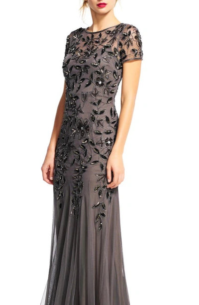 Shop Adrianna Papell Floral Embroidered Beaded Trumpet Gown In Lead