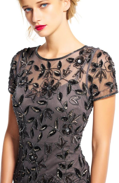 Adrianna Papell Plus Size Floral-beaded Gown In Lead