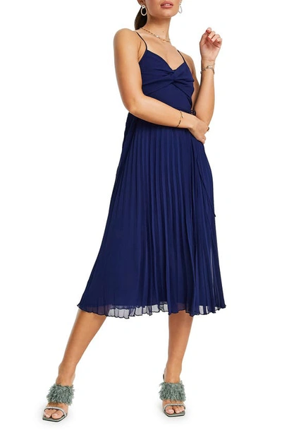 Shop Asos Design Twist Front Pleated Midi Dress In Navy