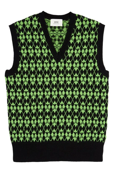 Shop Ami Alexandre Mattiussi Heart Monogram V-neck Vest In Black/ Green/ 003