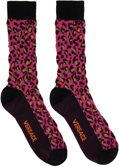 Shop Versace Pink Leopard Socks In 5r320 Magenta+multic