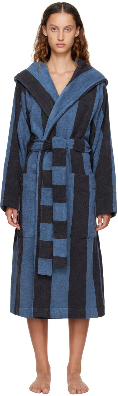 Shop Tekla Blue & Navy Hooded Robe In Dn Dusty Night