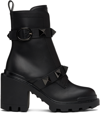 Shop Valentino Black Roman Stud Ankle Boots In 0no Nero