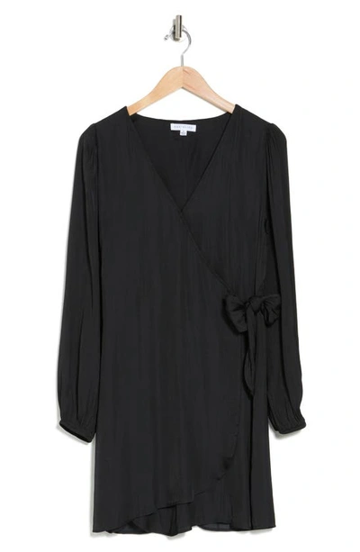 Shop Socialite Satin Long Sleeve Wrap Dress In Black