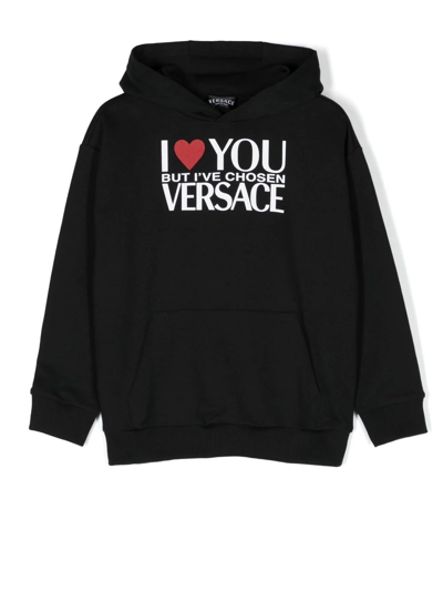 Shop Versace Slogan-print Long-sleeve Hoodie In Black