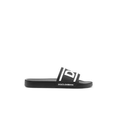 Dolce & Gabbana Black Beachwear Logo Slides In Black