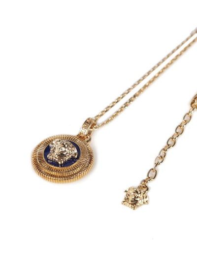 Shop Versace Logo Plaque Chained Necklace In Oro -royal Blue