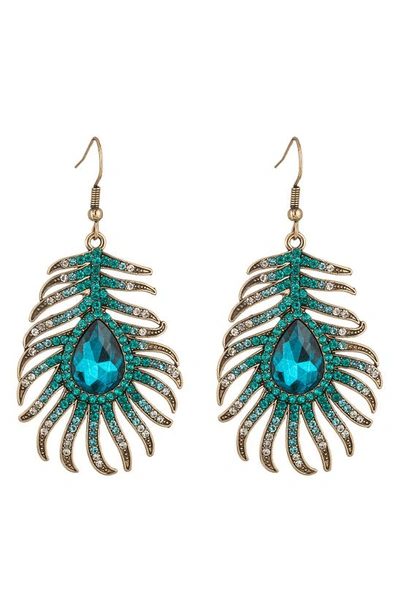 Shop Eye Candy Los Angeles Peak My Ear Crystal Peacock Feather Drop Earrings In Teal