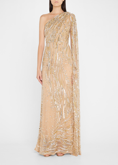 Shop Elie Saab Bead-embroidered One-shoulder Shawl Gown In Gold