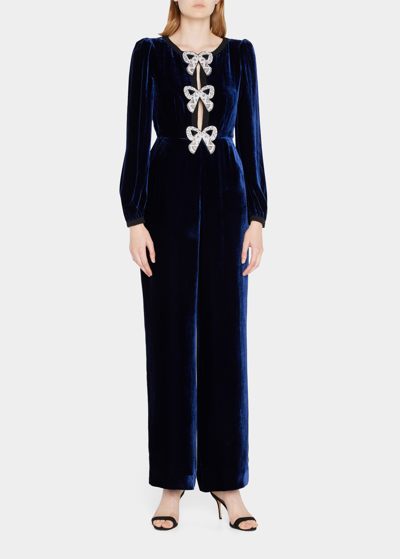 Shop Saloni Camille Puff-sleeve Velvet Bow Jumpsuit In Navy/pearl Bows