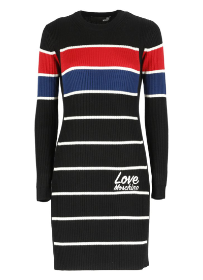 Shop Love Moschino Striped Logo Intarsia Knit Dress In Multi