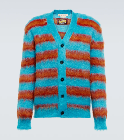 Shop Marni Striped Mohair-blend Cardigan In Turquoise