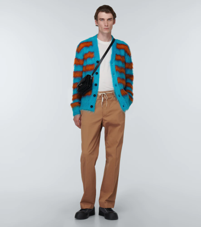 Shop Marni Striped Mohair-blend Cardigan In Turquoise