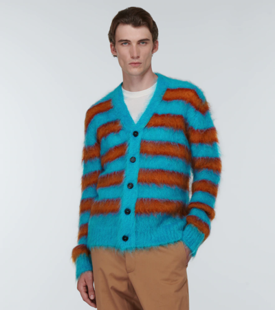 Shop Marni Striped Mohair-blend Cardigan In Turquoise