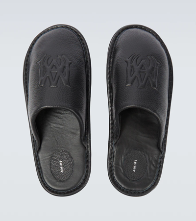 Shop Amiri Logo Leather Slippers In Black