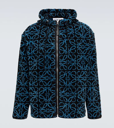 Shop Loewe Anagram Jacquard Fleece Jacket In Black/turquoise
