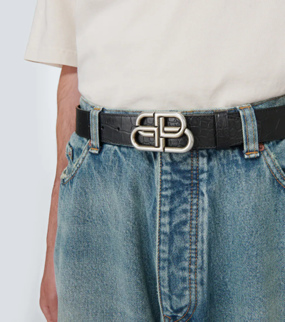 Balenciaga Bb Large Croc-effect Leather Belt In Black