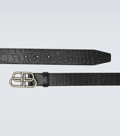 Shop Balenciaga Bb Large Croc-effect Leather Belt In Black