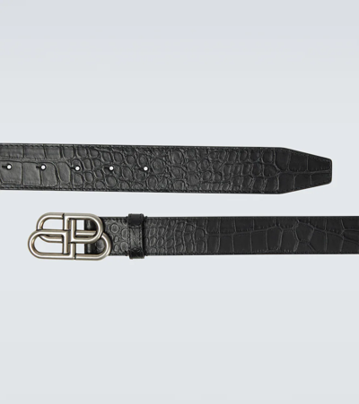 Balenciaga Bb Large Croc-effect Leather Belt In Black