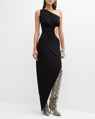 Shop Norma Kamali Sunburst One-shoulder Asymmetric Gown In Black