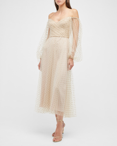 Shop Monique Lhuillier Polka-dot Off-the-shoulder Puff-sleeve Midi Dress In Champagne/gold