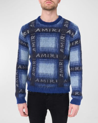 Shop Amiri Men's Brushed Mohair Plaid Logo Sweater In Blue