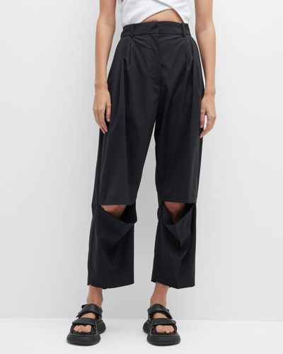 Shop A.w.a.k.e. Cropped Front Slit Pleated Straight-leg Pants In Black
