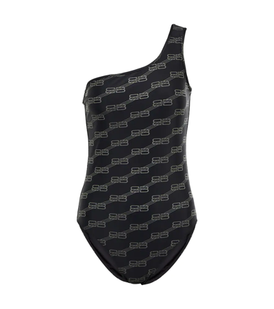 Shop Balenciaga Bb One-shoulder Swimsuit In Black/grey