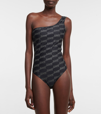 Shop Balenciaga Bb One-shoulder Swimsuit In Black/grey