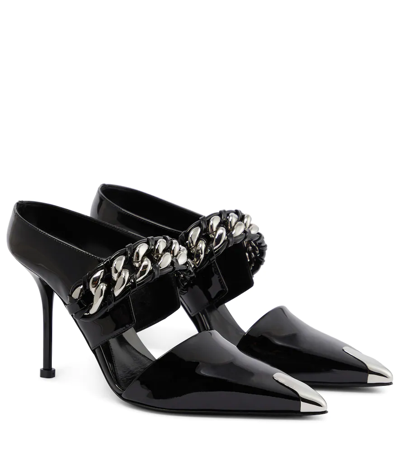 Shop Alexander Mcqueen Punk Chain-detail Patent Leather Mules In Black/silver