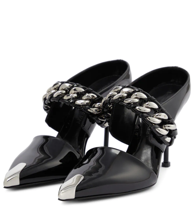 Shop Alexander Mcqueen Punk Chain-detail Patent Leather Mules In Black/silver