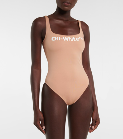Shop Off-white Logo Swimsuit In Brown White