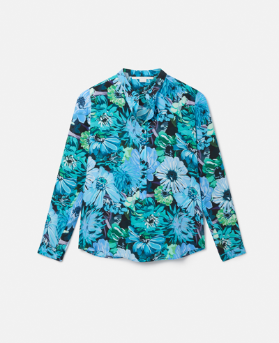 Shop Stella Mccartney Painted Floral Print Silk Shirt In Blue