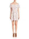 THE KOOPLES Off-The-Shoulder Feather-Print Silk Dress