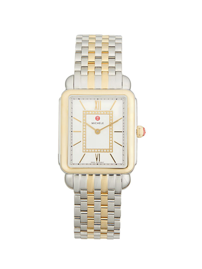 Shop Michele Women's Deco Ii Stainless Steel, 18k Yellow Gold & Diamond Bracelet Watch